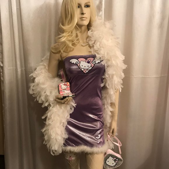 🍭vinatge y2k custom hello kitty dress with feathered trim and crystal earings ! - Picture 1 of 11